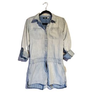 BDG Womens Medium Light Blue Cotton Button Up Longsleeve Romper With Pockets